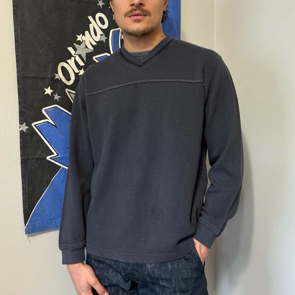 Van Heusen Studio V-Neck Pullover Sweatshirt Navy Blue Cotton Blend Men’s Large